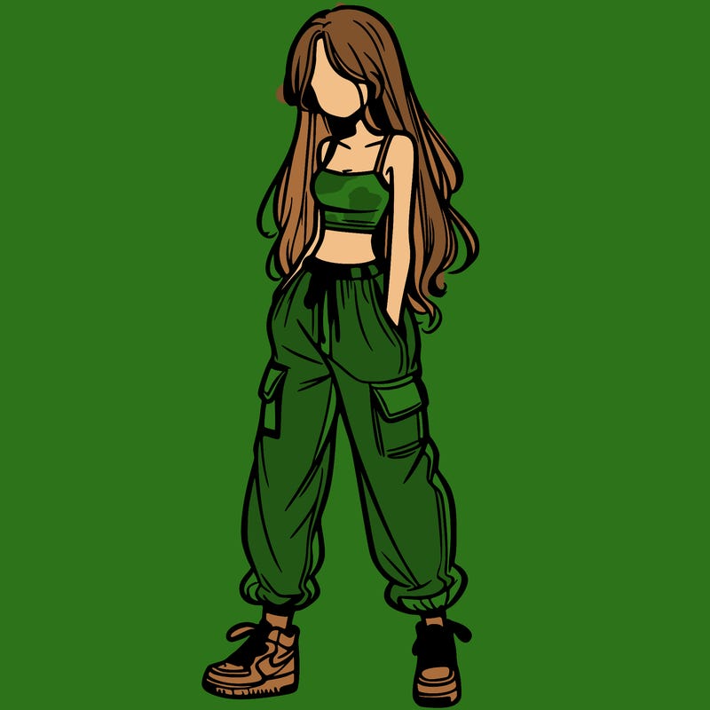girl in baggy pants crop top and long hair