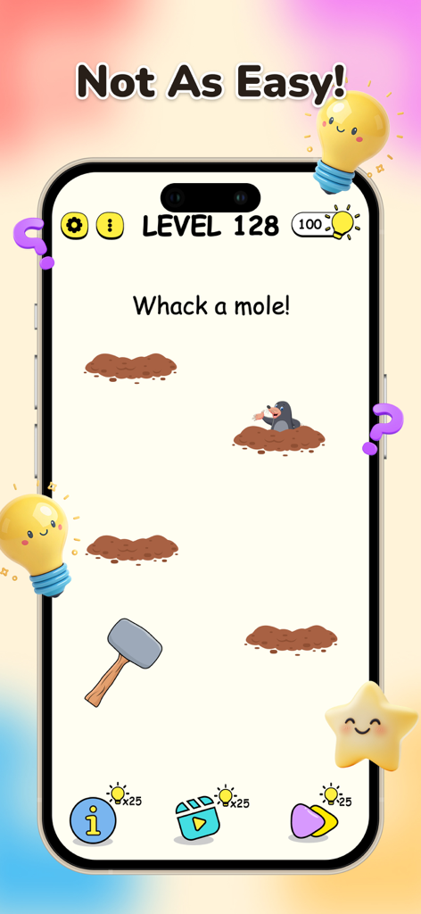 Brain IQ: Puzzle & Logic Games - Brain IQ Mobile Game Level 128 zeigt ein kniffliges Whack-a-Mole-Logikrätsel.