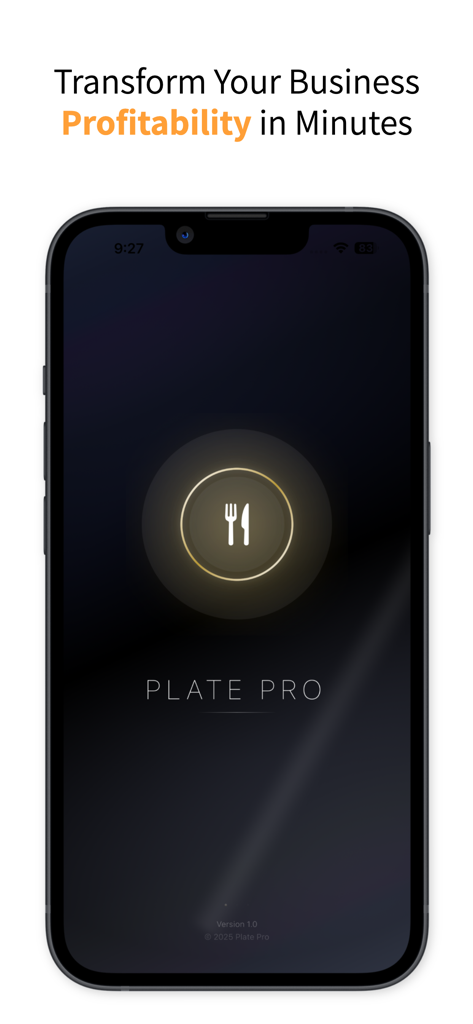 Plate Pro: Recipe & Food Cost - Plate Pro mobile app splash screen featuring the slogan Transform Your Business Profitability in Minutes.