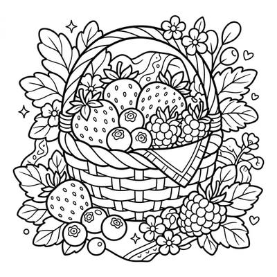Dive into a world of rustic charm with this adorable berries coloring page, perfect for young artists. Featuring a basket brimming with strawberries, blueberries, and raspberries, it invites kids to explore the beauty of nature with their favorite colors.