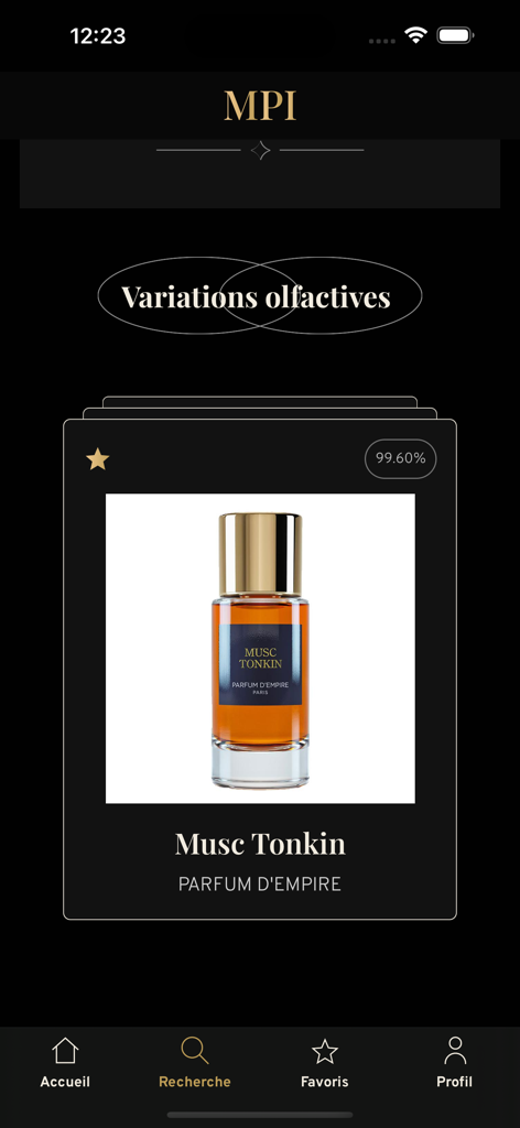 Mon parfum idéal - Mon Parfum Ideal app screen showing a 99.6 percent olfactory match for Musc Tonkin perfume
