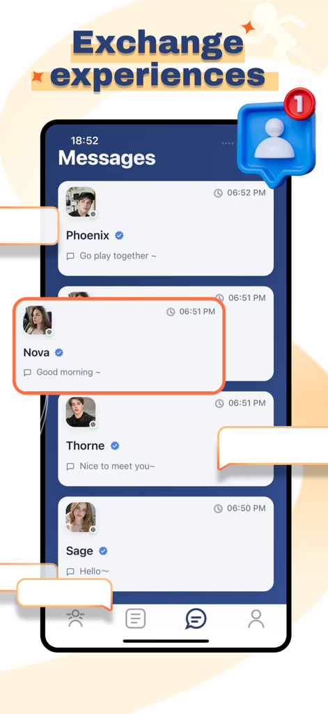 Fitlite - Share & Chat - Fitlite 메시지 화면의 모바일 앱 인터페이스로, Phoenix, Nova, Thorne와 같은 피트니스 커뮤니티 회원들의 여러 개인 채팅 스레드를 보여줍니다.