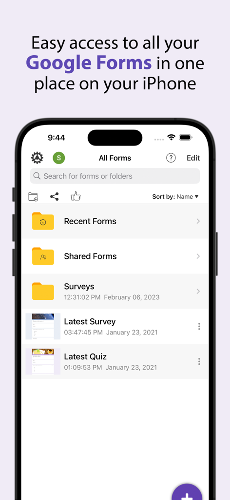 Mobile App-Oberfläche, die organisierte Google Forms-Ordner und Dokumente anzeigt