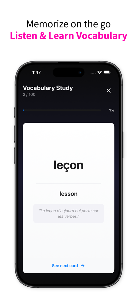 Listen Repeat - AB Repeat - Una pantalla de estudio de vocabulario en la aplicación Listen Repeat que muestra una tarjeta de memoria flash en francés para la palabra "leçon" con su traducción al inglés "lección" y una frase de ejemplo.