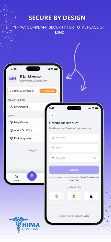 OrbVoice: Medical AI Scribe - Captura de pantalla de la aplicación OrbVoice que muestra el registro seguro de cuentas y las funciones de seguridad que cumplen con HIPAA.