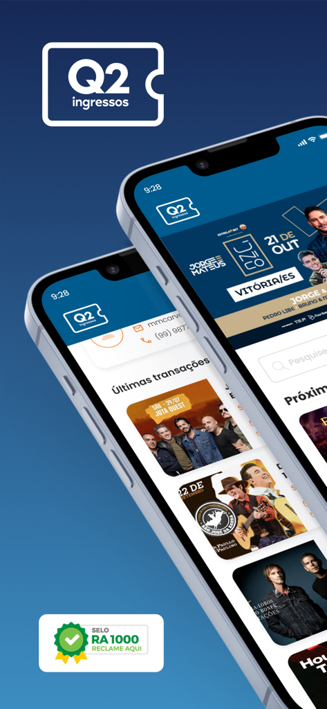 Q2 Ingressos mobile app interface showing event listings and ticket purchases for Brazilian concerts