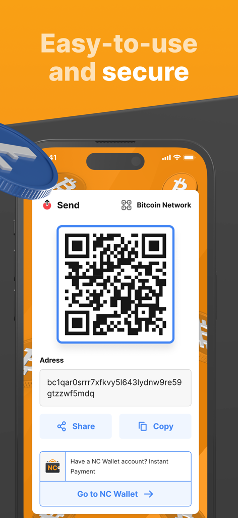 NC Wallet app interface showing a Bitcoin send screen with a QR code and wallet address