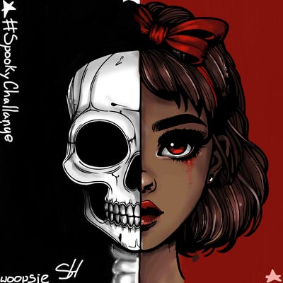 realistic girl with half skull mask