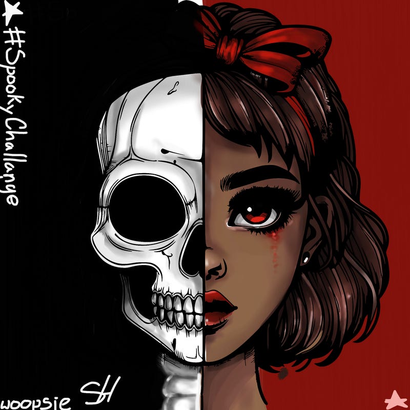 realistic girl with half skull mask