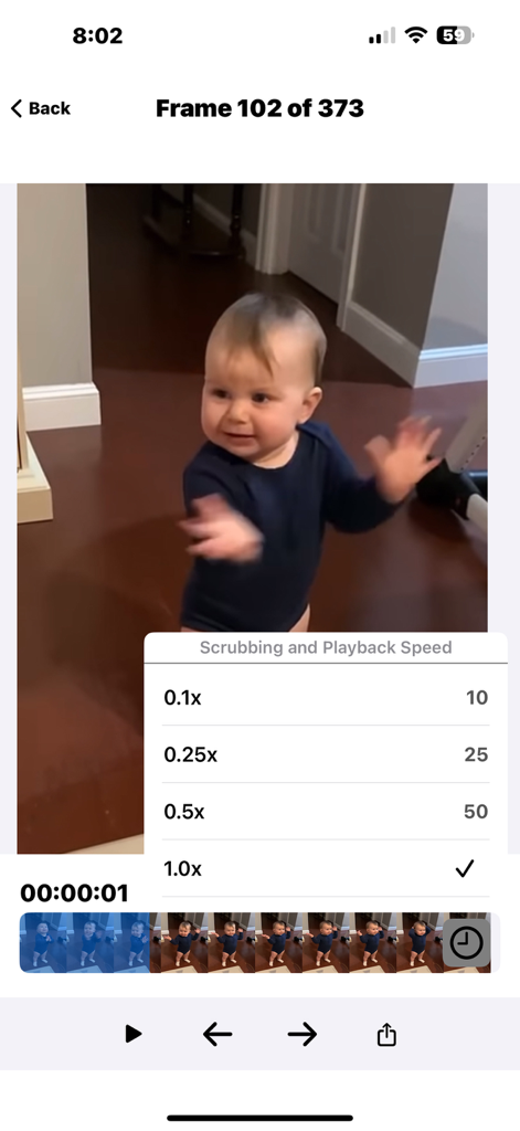 Video Scrubber Pro - Video Scrubber Pro app interface showing adjustable playback speed settings for frame-by-frame video analysis