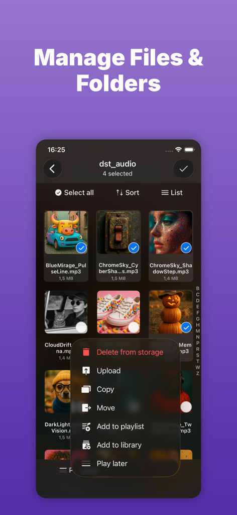Evermusic: Simple Music Player - Evermusic app interface showing file and folder management options like upload, copy, and move.
