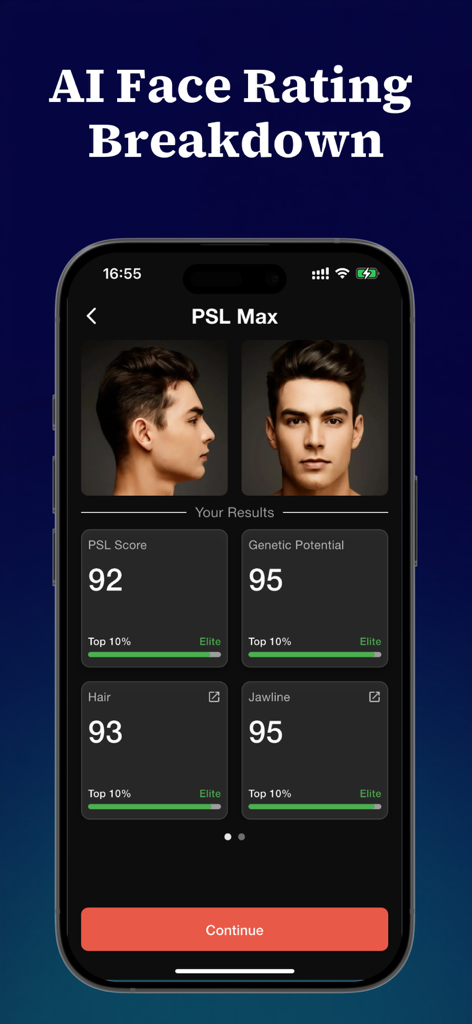 PSL Max - Face Rating Looksmax - AI face rating screen showing scores for jawline and hair in the PSL Max app