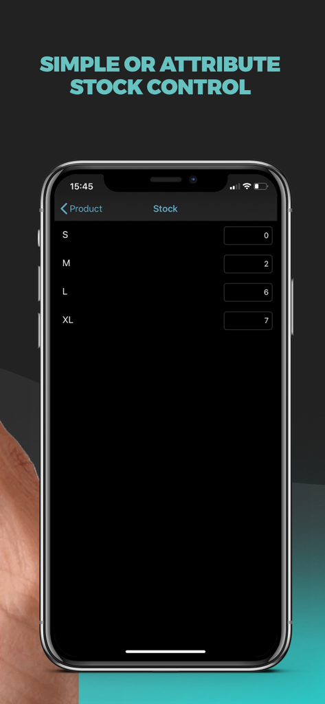 Interface of the My Loja Store app displaying inventory stock levels for different clothing sizes