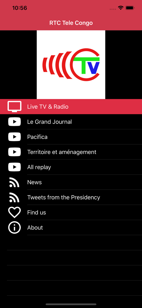 Télé Congo - Main menu of the Tele Congo mobile app featuring live TV and radio options
