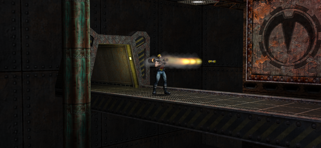 Duke Nukem: Manhattan Project - Duke Nukem disparando un arma pesada en una pasarela metálica en un entorno industrial.