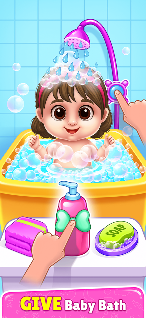 BabySitter DayCare Games - A cute cartoon baby taking a bubble bath in a daycare simulation game.