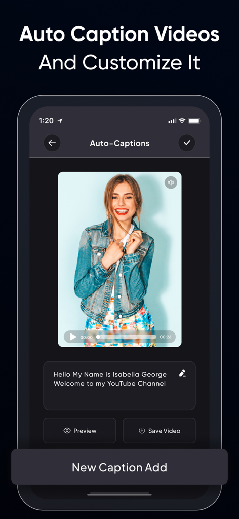 Teleprompter for Video ۬ - Interface of the Teleprompter for Video app showing the auto-captions feature with a video preview and editable text box.