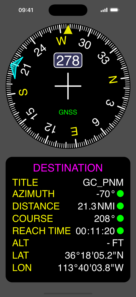 Captura de pantalla de la aplicación Nav Tools que muestra el rumbo de la brújula y los parámetros de navegación del destino