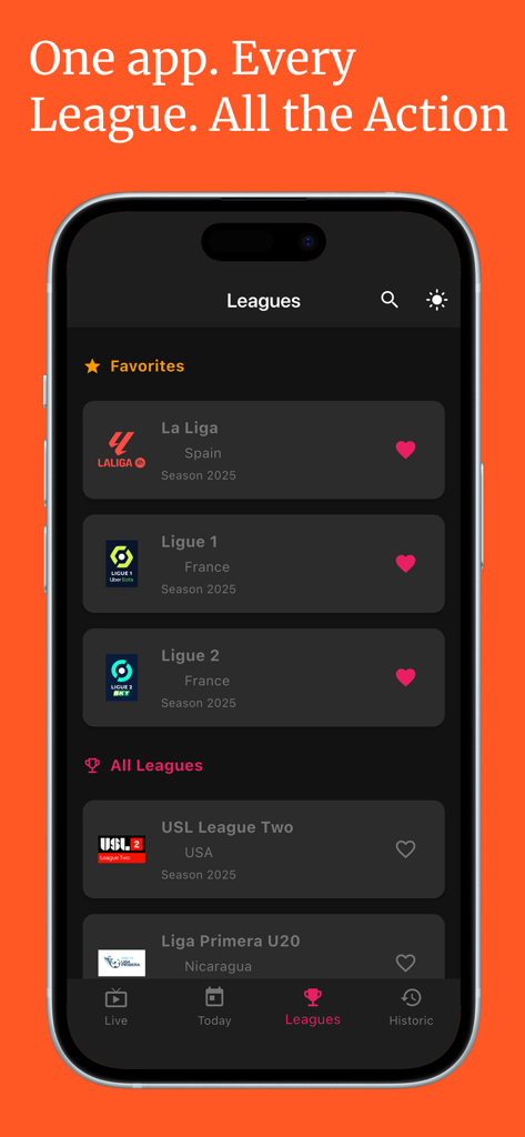 CricFy TV - Football Live TV - Pantalla de la aplicación CricFy TV que muestra una lista de ligas de fútbol favoritas y clasificaciones en modo oscuro