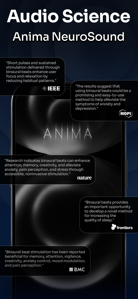 Screenshot of the Anima app displaying scientific research citations for binaural beats from Nature IEEE and other journals