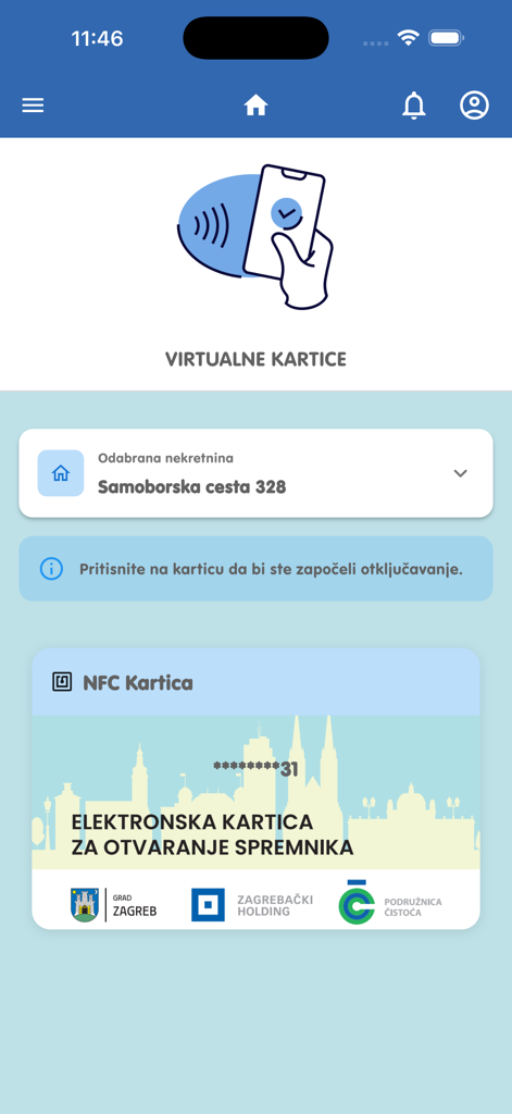 OtključajZG - Interfaz de la aplicación móvil que muestra una tarjeta electrónica virtual para desbloquear contenedores de residuos en Zagreb.