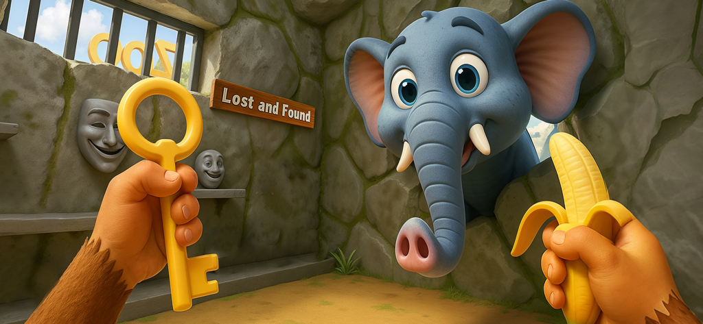 I Am Monkey: Naughty Pranks - A monkey character holding a gold key and a banana while looking at a cartoon elephant in a zoo enclosure.