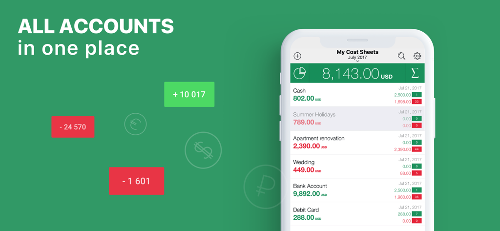 Cost Track: your Money Tracker - iPhone screen showing various cost sheets like cash bank account and apartment renovation with total balance in Cost Track app