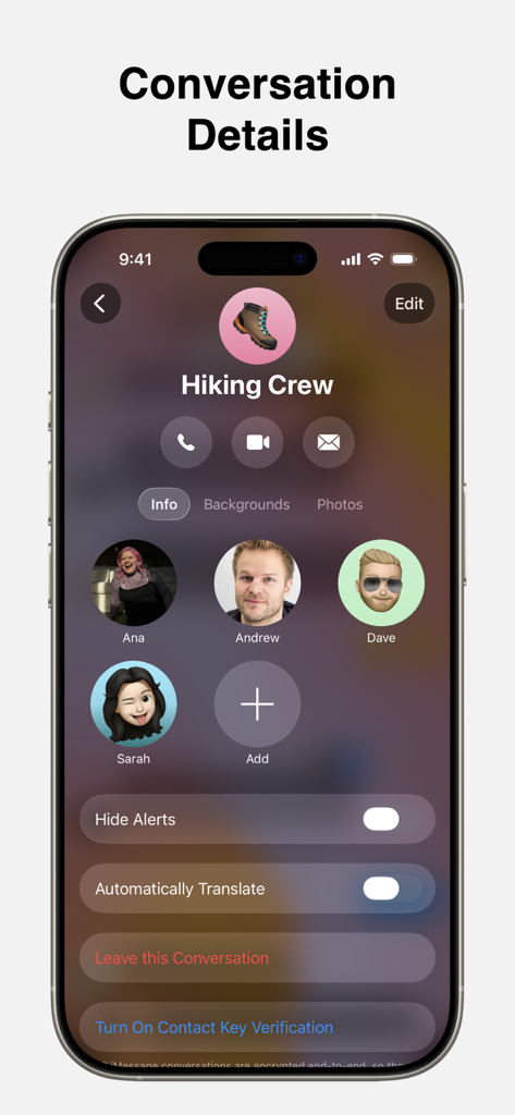 Messages - iPhone screen showing the Conversation Details page for a group chat named Hiking Crew in the Apple Messages app.