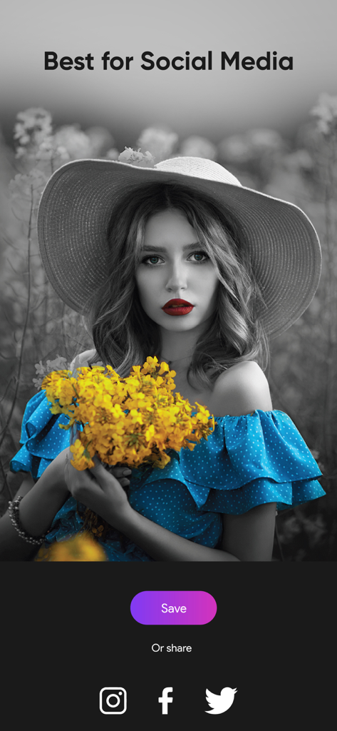 Change color of photos Auto - A selective color photo of a woman with yellow flowers on an app screen with social media sharing options