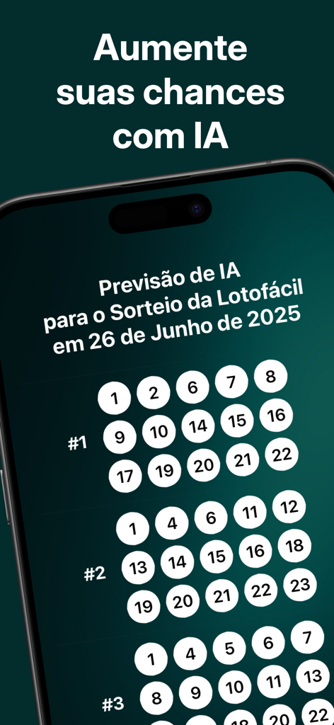Lotofácil IA Palpites e Dicas - Interface do aplicativo Lotofacil IA mostrando previsões de números da loteria geradas por IA em um dispositivo móvel