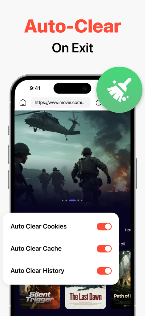 Private Video Saver - Pantalla de la aplicación Private Video Saver que muestra la configuración de borrado automático de cookies, caché e historial de navegación.