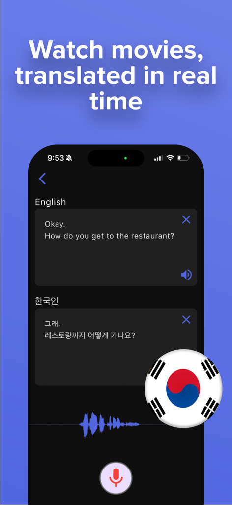 Translate AI - Live Translator - Interface do aplicativo Translate AI mostrando tradução de filme em tempo real entre inglês e coreano.