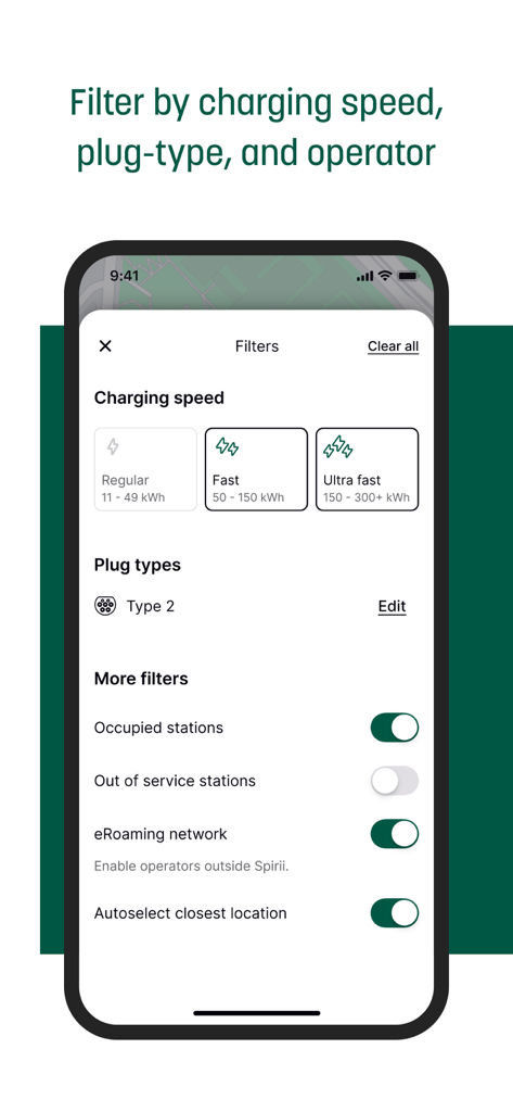 Filter options for EV charging stations including speed and plug type in the Verdo Opladning app