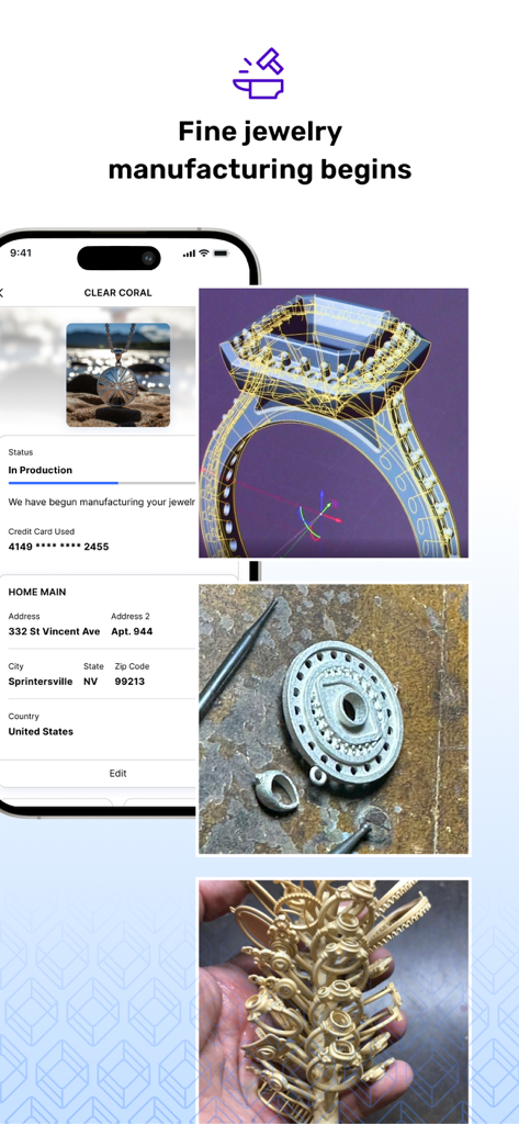 ARQ Jewelry Design - Una interfaz de aplicación móvil que muestra el estado del proceso de fabricación de joyería con un modelo CAD de anillo y moldes de metal físicos.