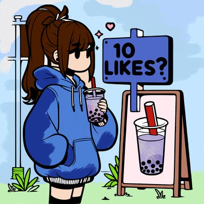 girl with oversized hoodie drinking boba and she has a high ponytail with a sign that says 10likes?