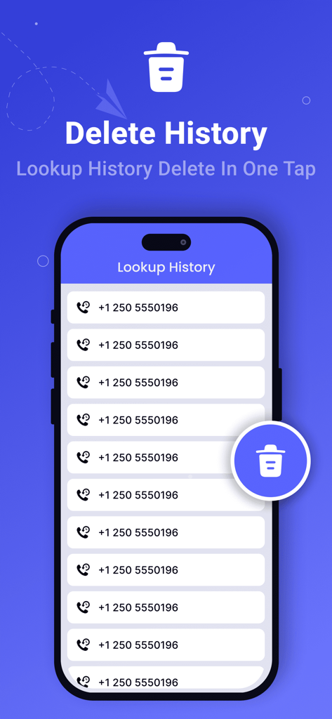 Tela do aplicativo Busca Reversa mostrando o histórico de pesquisa de números de telefone e um recurso de exclusão com um toque.