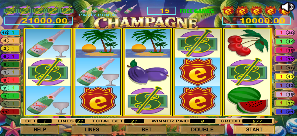 Champagne Slot - Classic five reel slot machine gameplay featuring champagne and tropical icons