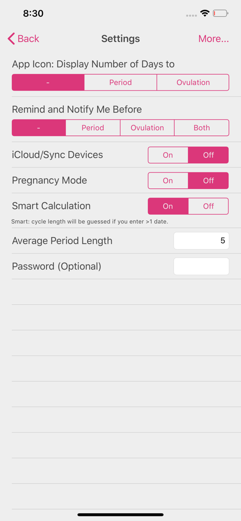 Pantalla de configuración de la app Menstrual Period Tracker Pro con opciones de notificaciones, modo embarazo y protección con contraseña