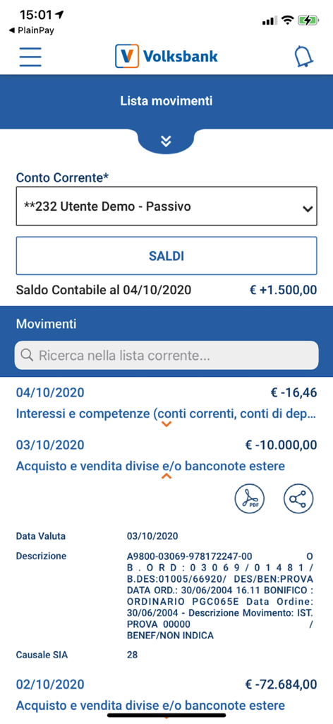 CoBa web mobile - Interfaccia dell'app CoBa web mobile che mostra un elenco di transazioni e il saldo del conto