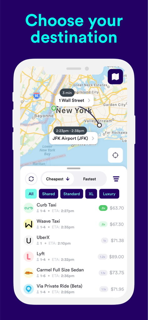 Obi - Get the cheapest ride. - Obi app screenshot showing a comparison of ride-share and taxi prices for a trip from Wall Street to JFK airport in New York.