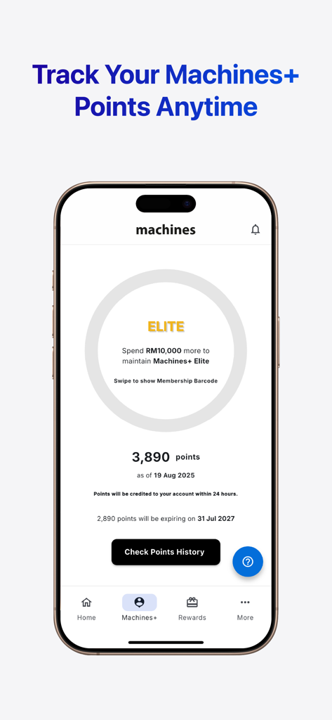 Machines Mobile App - Panel de la App Móvil Machines mostrando puntos de lealtad Machines Plus y estado de membresía Elite.