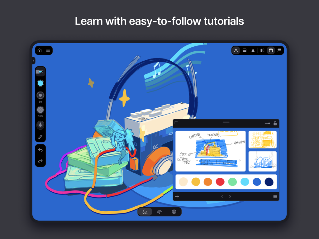 Feather: Draw in 3D - Feather 3D drawing app tutorial interface featuring a walkman and headphones sketch