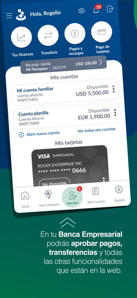 Banesco Panama business banking app dashboard displaying accounts and credit cards