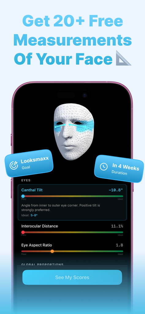 FaceKit app interface displaying a 3D face scan with scientific measurements for canthal tilt and eye proportions.