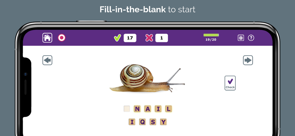 Writing Therapy - A fill in the blank spelling task for the word snail in the Writing Therapy app for adult speech recovery