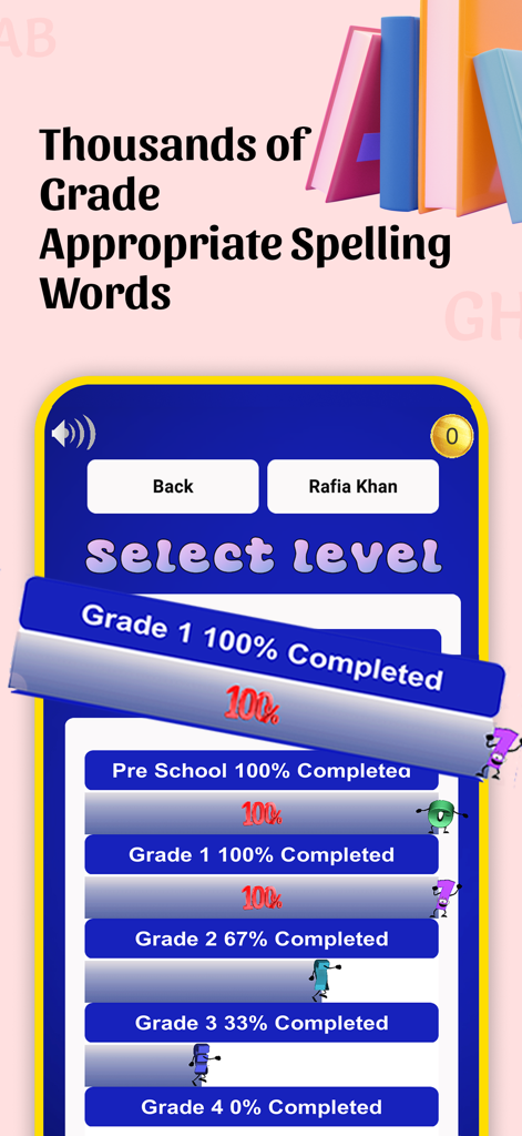 Spelling Homework Times Tables - A screen from the Spelling Homework app showing different grade levels from preschool to grade four with percentage progress bars for each level.