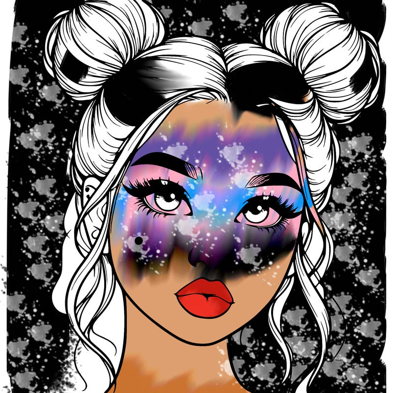 realistic girl with two buns on her hair and lips