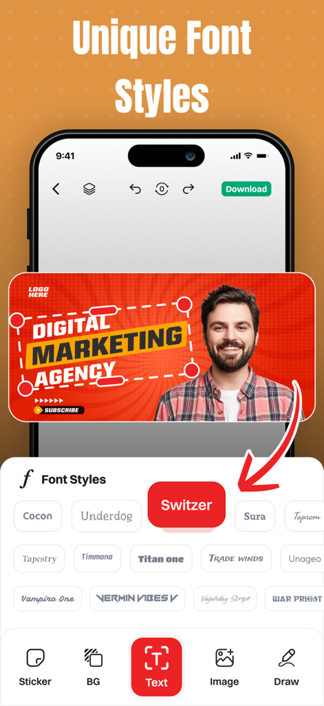 Cover Art AI - Thumbnail Maker - Mobile app interface showing various unique font style options for thumbnail text customization.