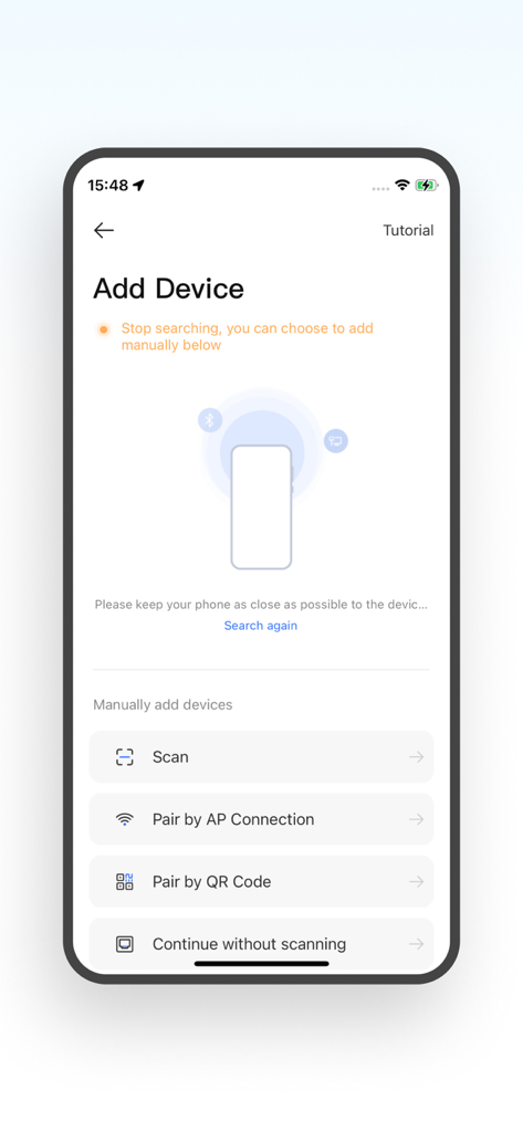 The add device screen in the SQCOM security app showing manual pairing methods