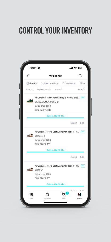 Un écran de téléphone portable montrant la section 'Mes annonces' de l'application KLEKT avec diverses baskets Air Jordan listées à vendre.